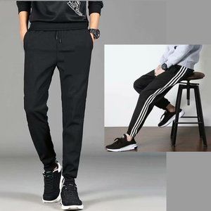 Slim Fit Black Casual Pants for men side stripes Elastic Waist draw cord